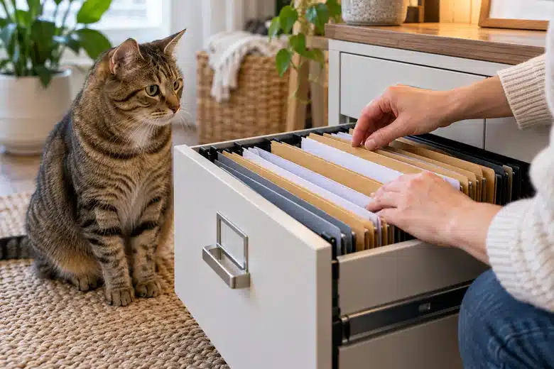 Tabby cat beside organized household insurance files
