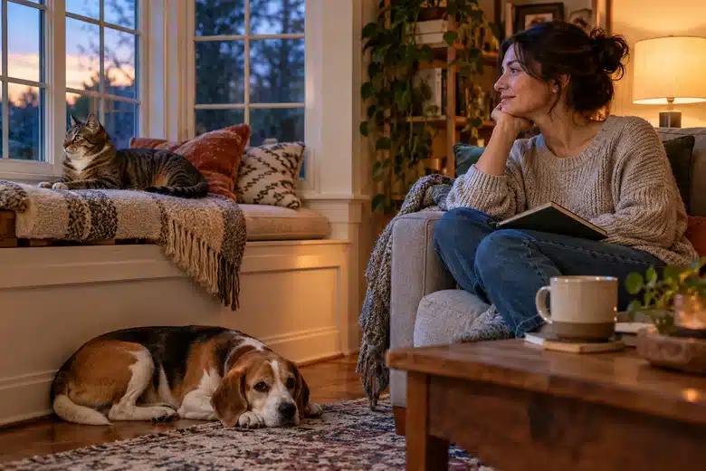 Cat and beagle resting near an owner with a household notebook