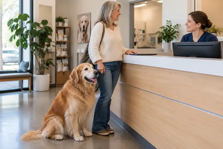 Golden retriever and owner at a veterinary checkout counter