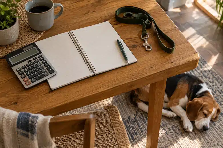 Budget notebook and leash above a sleeping dog
