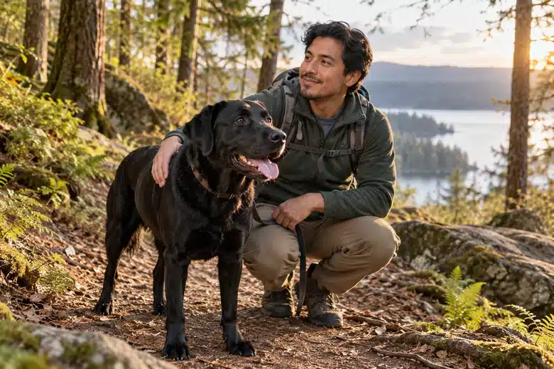 Owner and black Labrador on a wooded path overlooking a lake