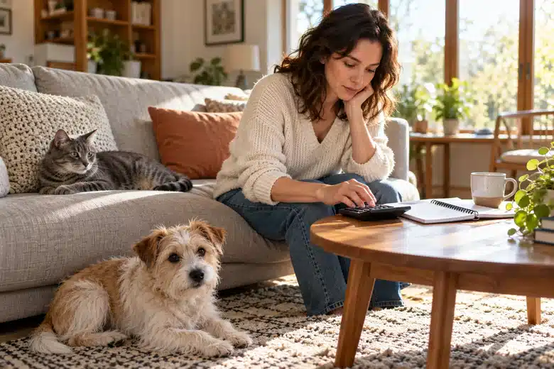 Owner reviewing a calculator near a terrier and gray cat in a bright living room