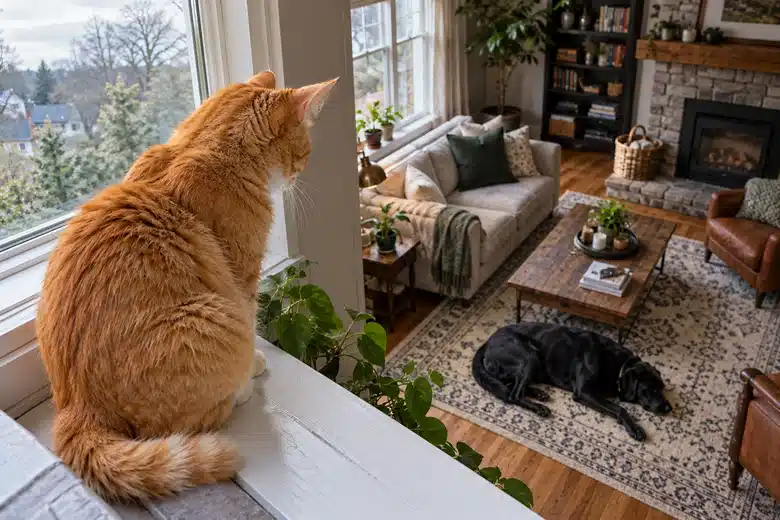 Cat on a windowsill with a Labrador resting in the room below