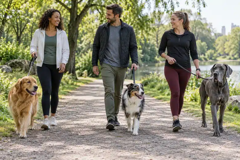 Different adult dogs walking with handlers in a park