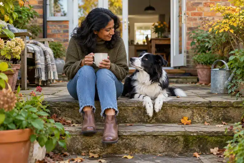 Woman holding an unmarked mug on brick-house steps beside a black-and-white border collie