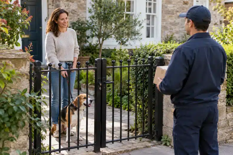 A woman holding a leashed beagle behind a garden gate while a delivery worker waits outside