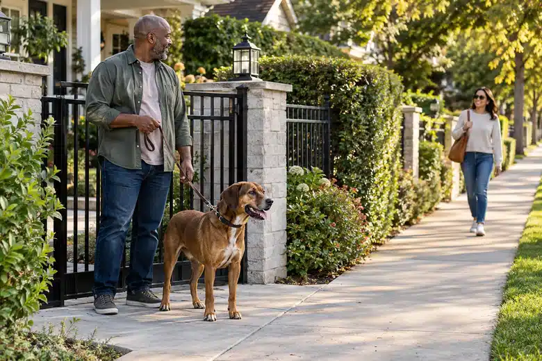 Man holding a leashed brown dog beside a front gate as a pedestrian passes