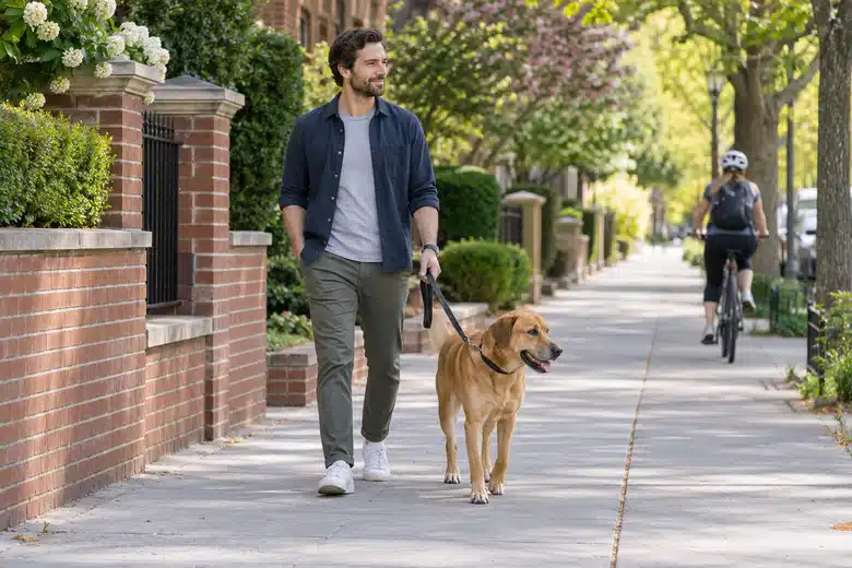 Dog owner holding a relaxed dog’s leash on a sidewalk with a distant cyclist