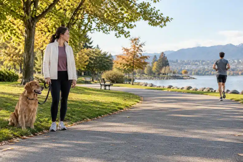Owner keeping a leashed dog at a distance from a jogger on a public path