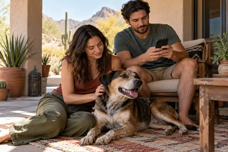 Couple with a rescue dog checking a mobile device on an Arizona porch