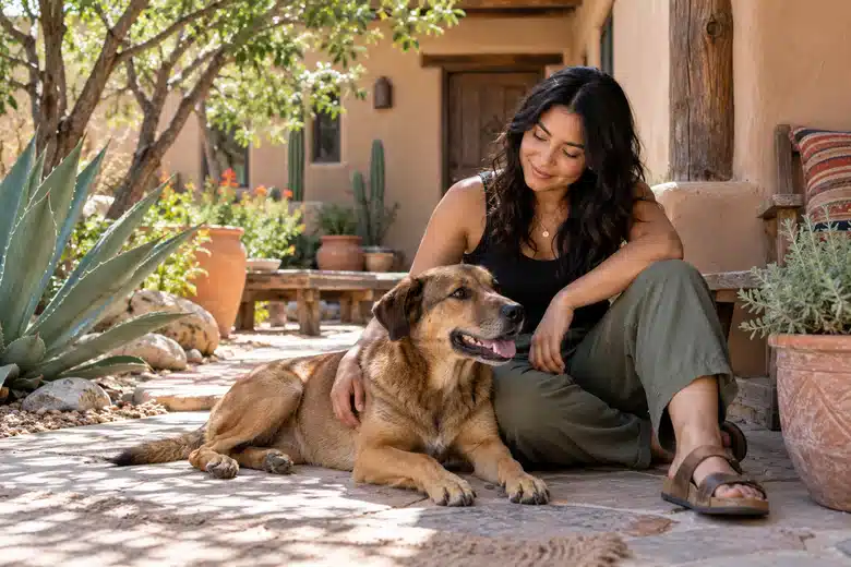 Woman and brown mixed-breed dog resting in a shaded adobe-style courtyard