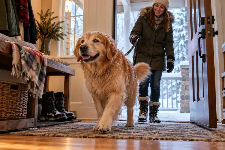 Dog and owner entering a Minnesota home from a snowy porch