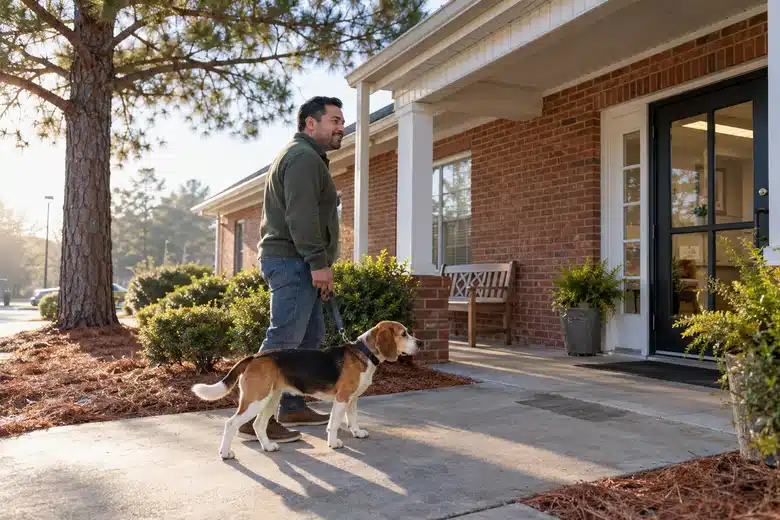 Owner walking a beagle toward a modest brick veterinary clinic in a pine-lined setting