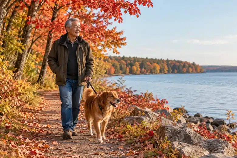 Dog owner walking beside an autumn lake