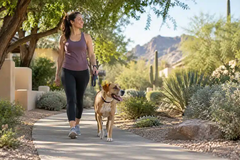 Dog and owner on a shaded arid residential path