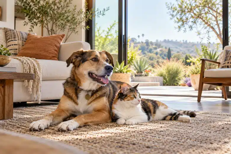 Dog and calico cat in a bright living room overlooking a dry-climate garden