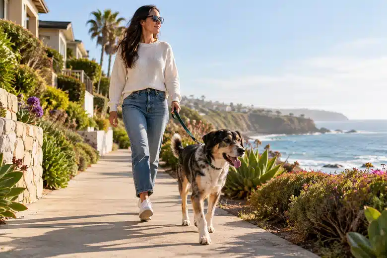 An adult walking a mixed-breed dog on a coastal California-style sidewalk