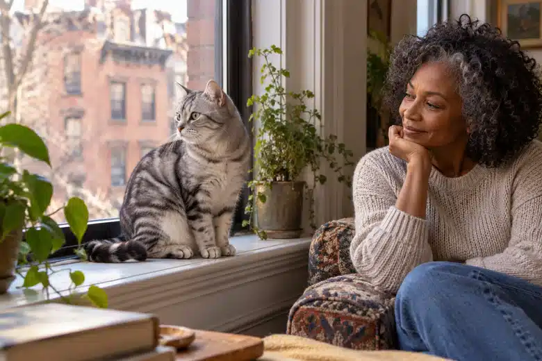 Silver tabby on a New York apartment windowsill with an adult owner nearby