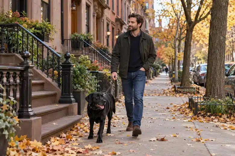 Owner and black Labrador walking along a New York brownstone sidewalk