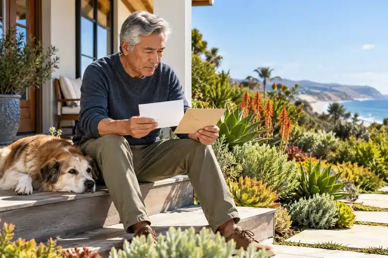 Older man considering two unmarked envelopes on a coastal-style porch beside his dog