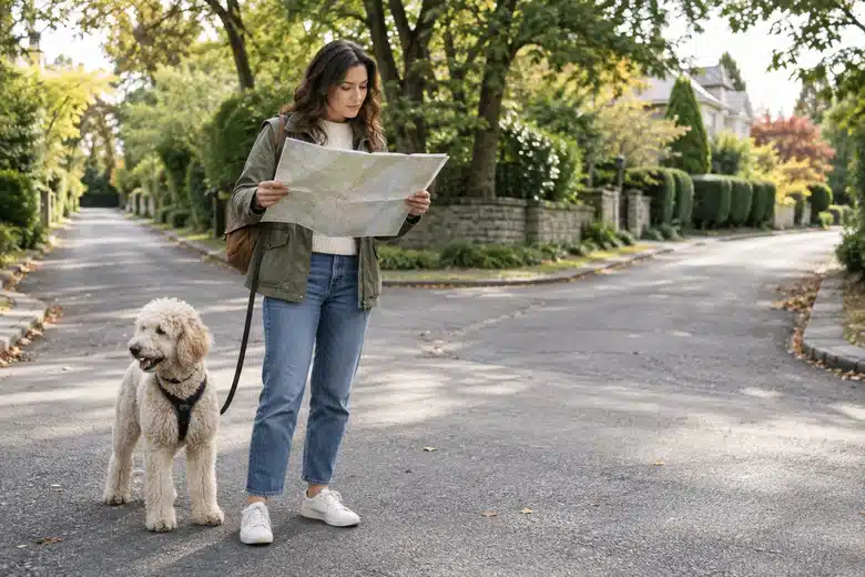 Owner and poodle studying a map at a leafy, deliberately unidentifiable suburban location