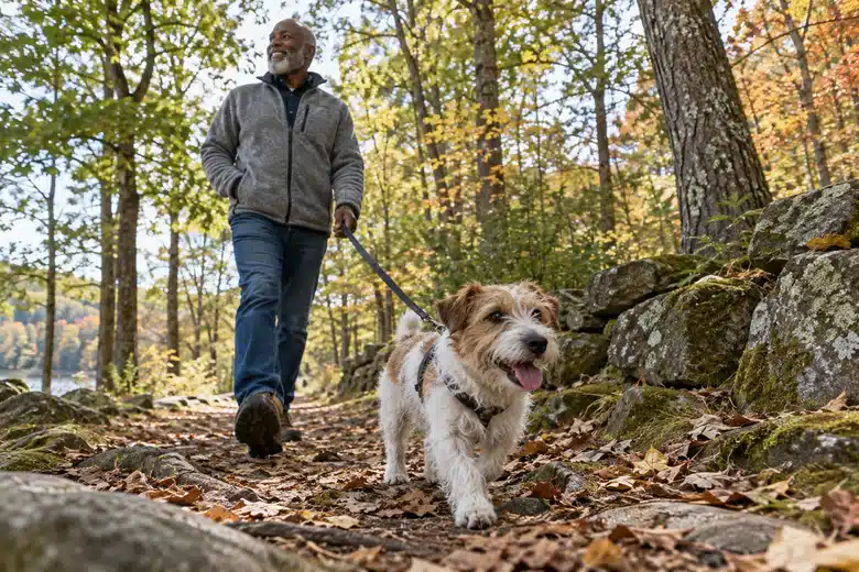 Older man walks a small terrier on a wooded autumn path