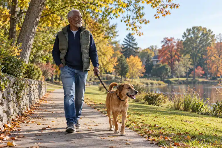 Older man walking a brown dog beside an autumn park path