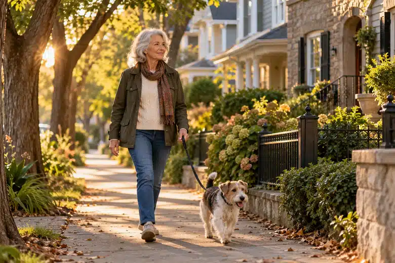Woman walking a terrier on a tree-lined residential sidewalk