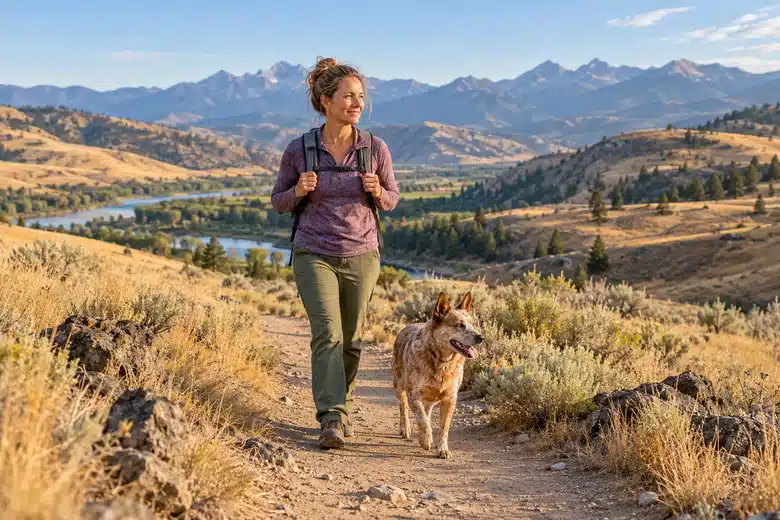 Woman and red heeler on an illustrative dry foothill trail