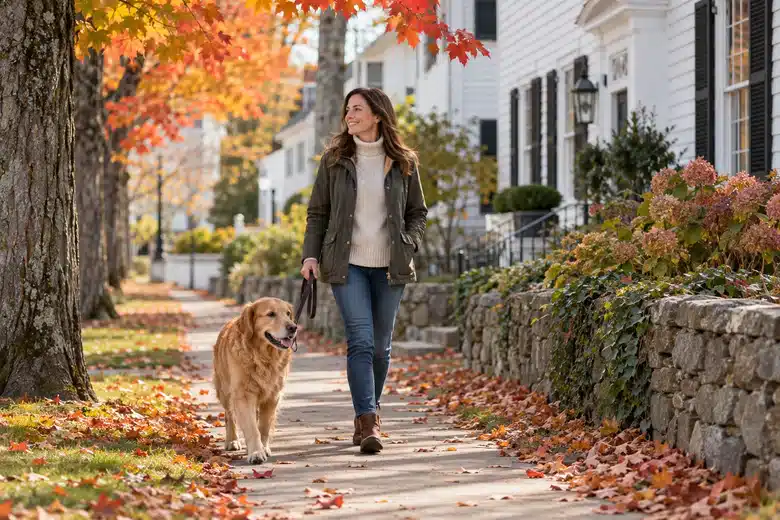 Dog and walker on an autumn New England village sidewalk
