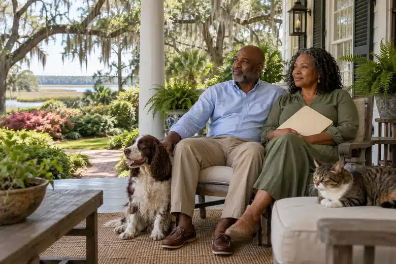Couple shares a shaded porch with a spaniel and cat