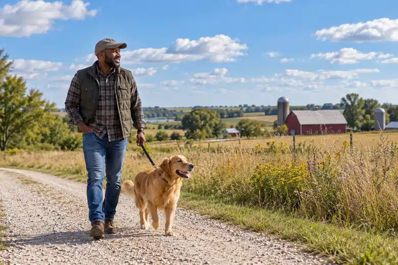 Man walking a golden retriever beside prairie grass and a rural path
