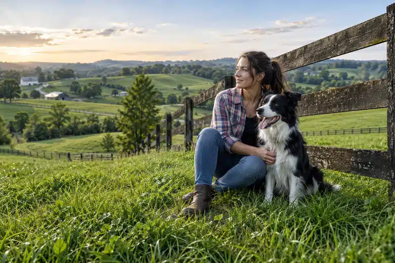Woman and border collie beside a fence overlooking rolling countryside