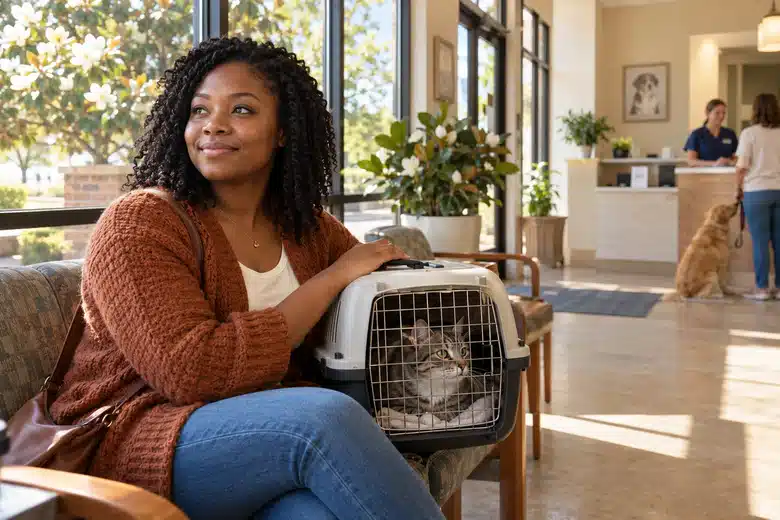 Owner with a tabby cat in a secure carrier at a clinic