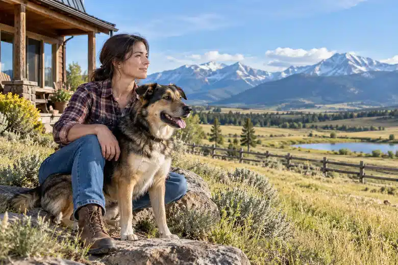 Shepherd mix and owner near a rural Montana home with distant mountains