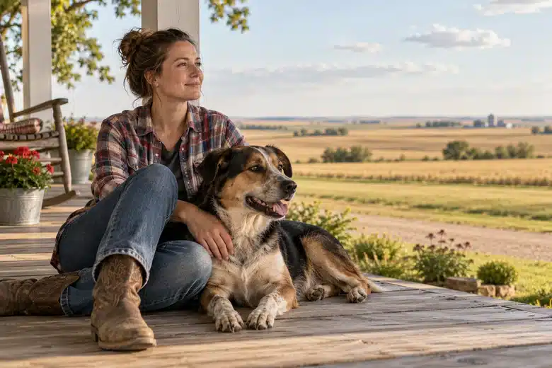 Dog and owner on an illustrative Great Plains farmhouse porch
