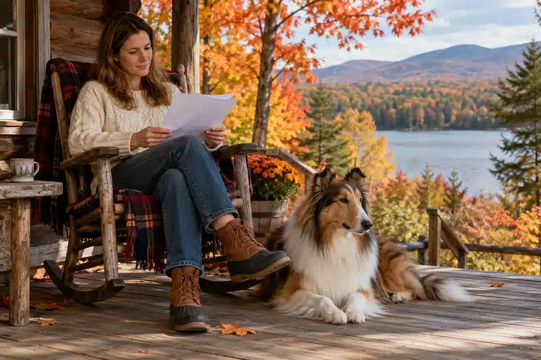 Collie beside owner on an autumn New England porch