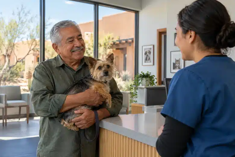 Owner and terrier at a veterinary reception counter