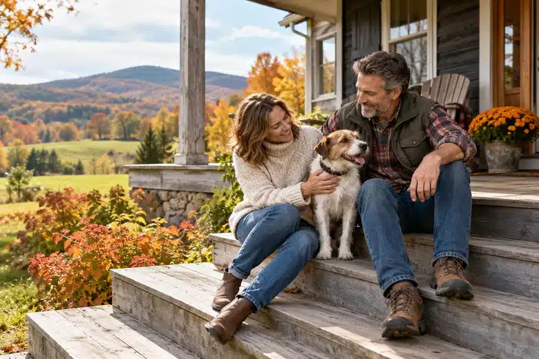 Couple and small dog on an autumn hillside porch