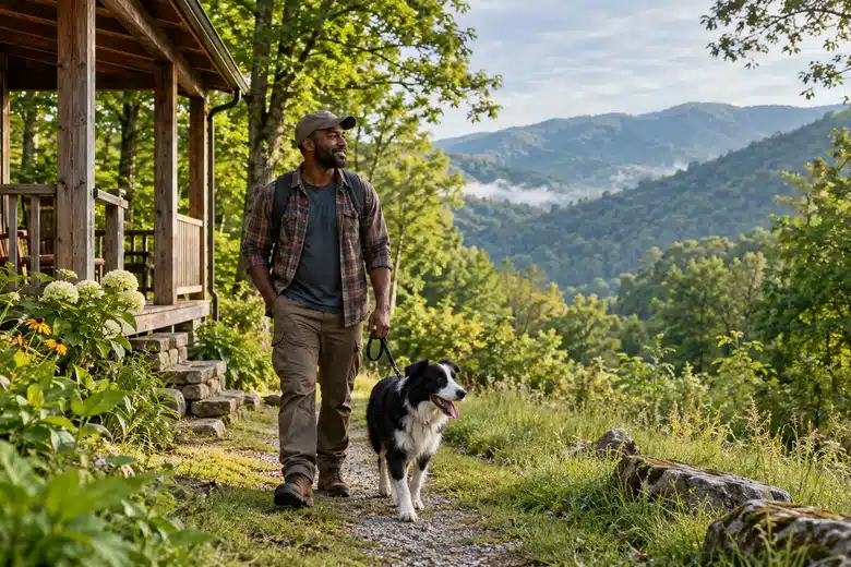 Man and black-and-white dog on a green woodland path near a rural porch