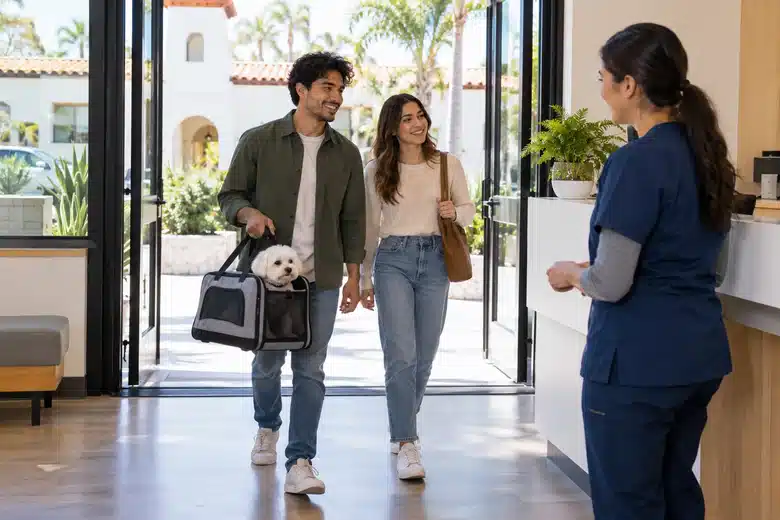 Couple arriving at a bright clinic with their small dog in a carrier