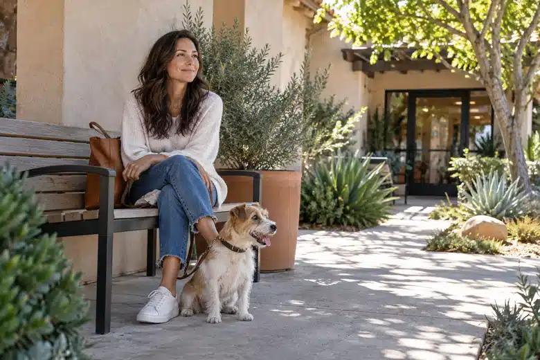 Owner and terrier outside a modest California veterinary clinic