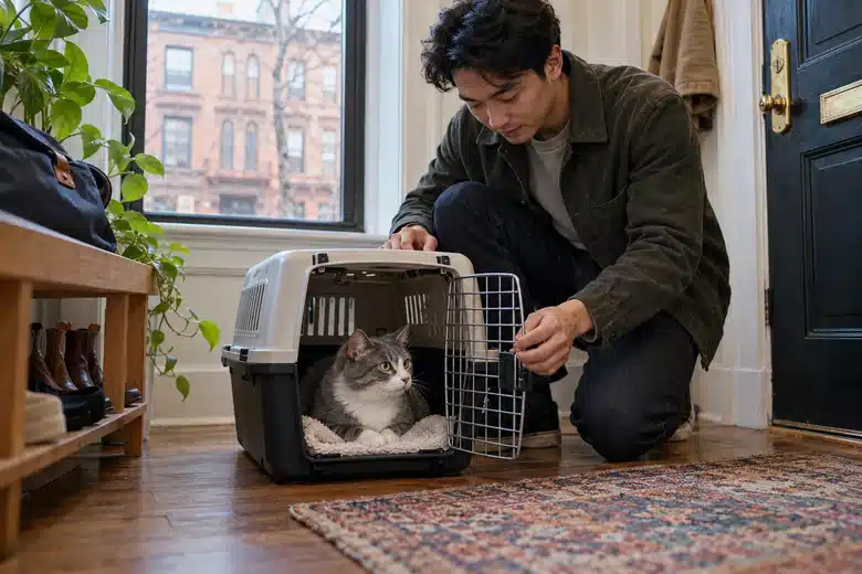 Cat in an open carrier as its owner prepares for a veterinary visit in a city apartment