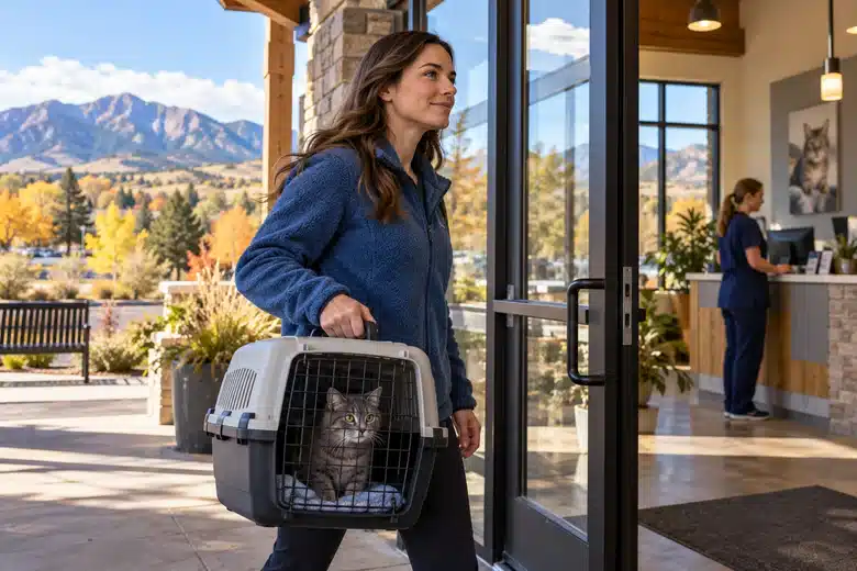 Cat owner carrying a secure carrier into a clinic near foothills