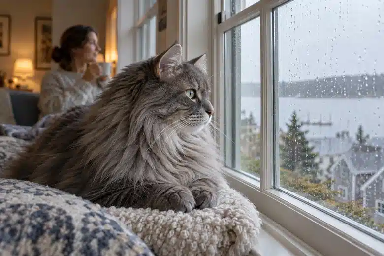 Grey longhaired cat on a window perch beside rain-speckled glass