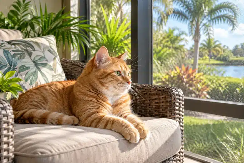 Orange cat resting beside a screened lanai with subtropical greenery