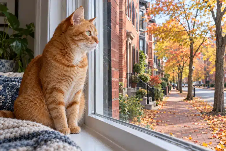 Illustrative scene: cat looking from an indoor window toward a residential street