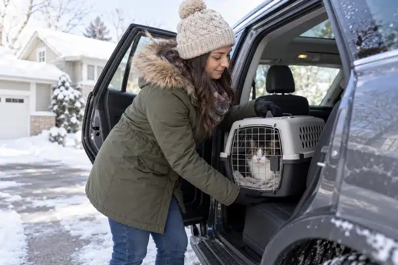 Woman securing a cat carrier in a car on a snowy driveway