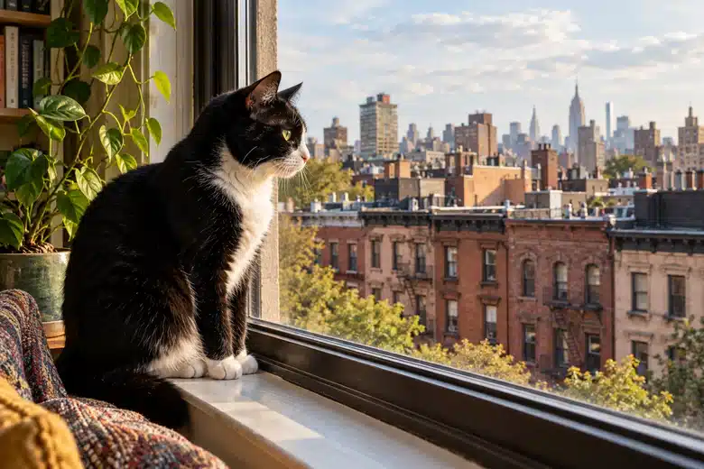 Tuxedo cat looking across New York rooftops from indoors