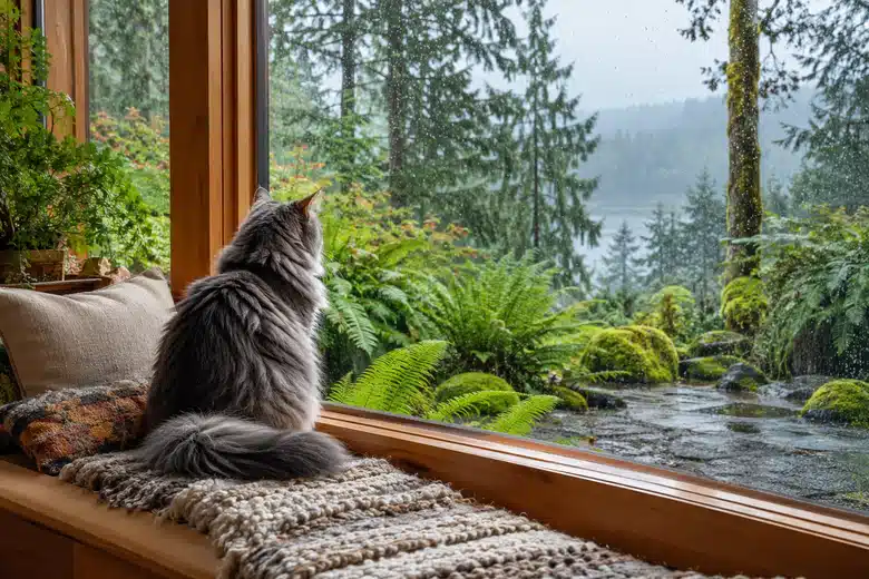 Grey long-haired cat watching rain through a window overlooking a fern garden